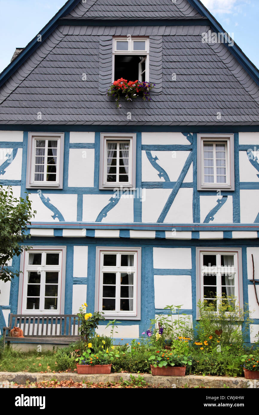 Blaue Fachwerkhaus in der alten Stadt Eltville, Rheingau, Hessen, Deutschland Stockfoto