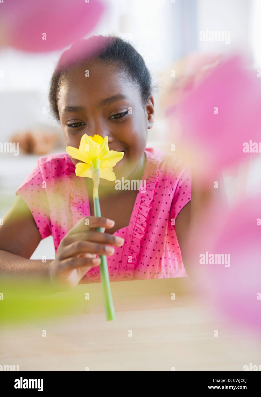 Schwarze Mädchen riechende Blume Stockfoto
