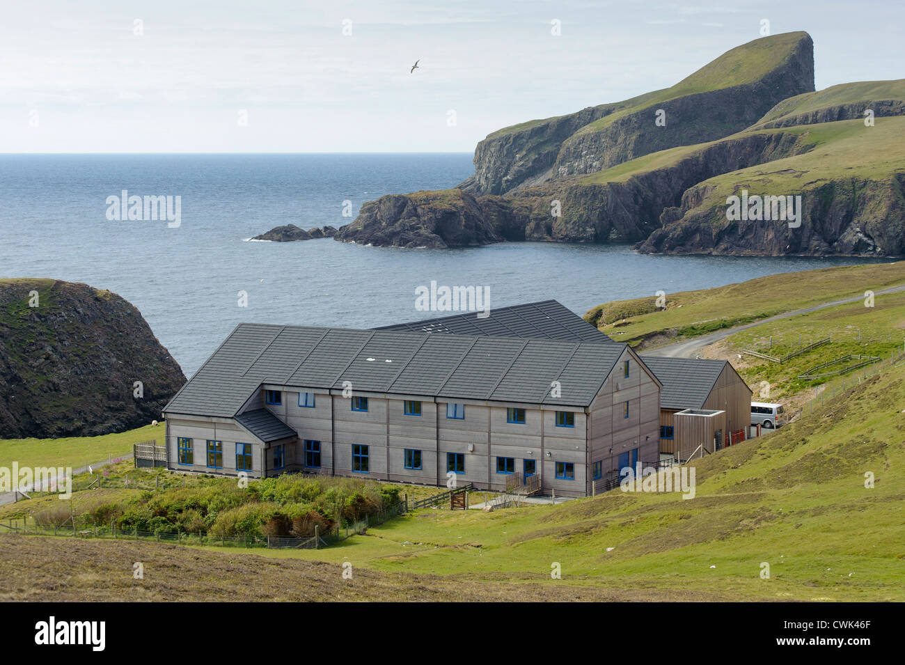 Fair Isle Bird Observatory in den Shetland-Inseln mit Schafen Felsen im Hintergrund. Juni 2012. Stockfoto