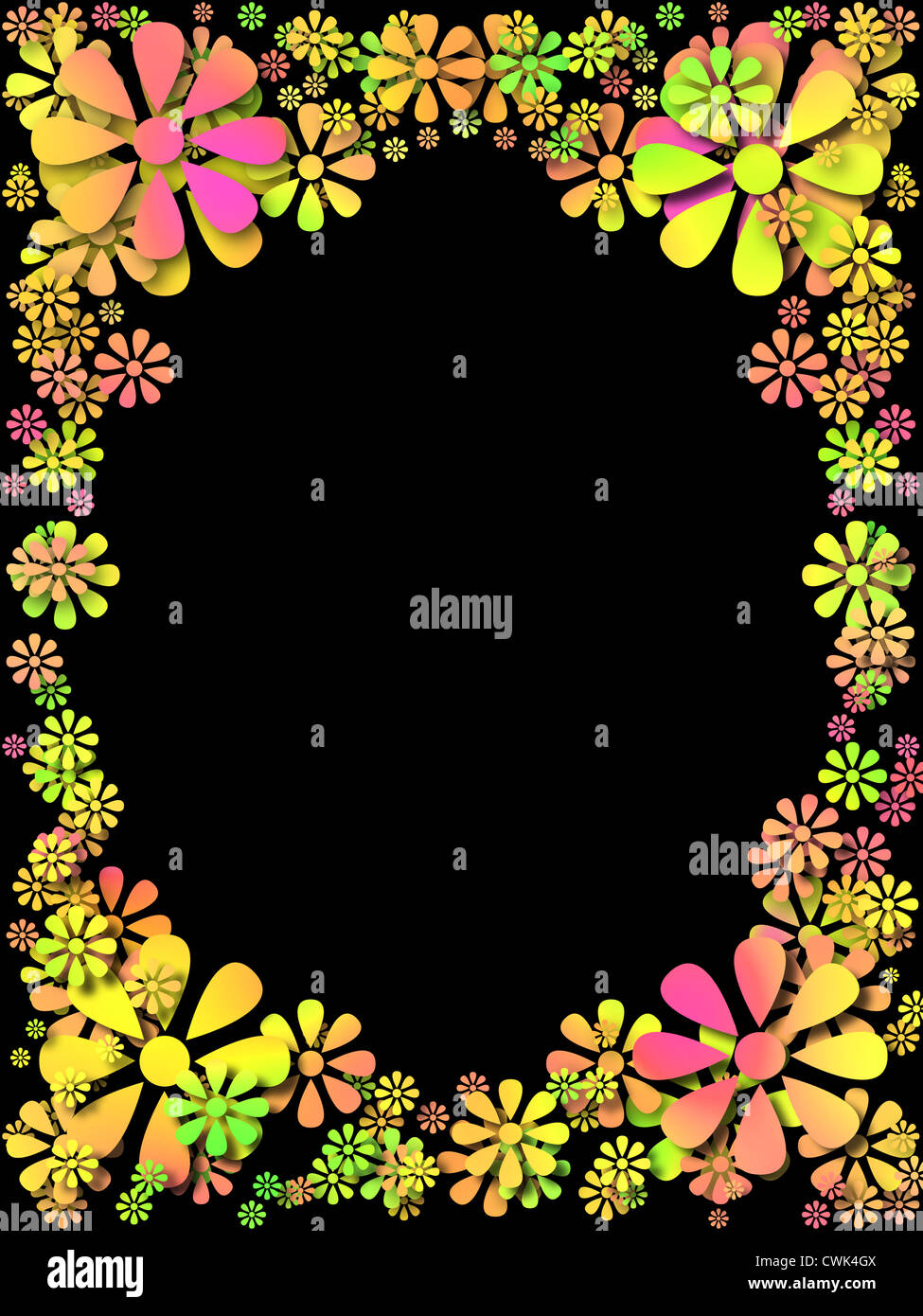 Abbildung eines Rahmens (Ausschneiden Stil) mit "schwebenden" Multi farbige Blumen auf schwarzem Hintergrund Stockfoto