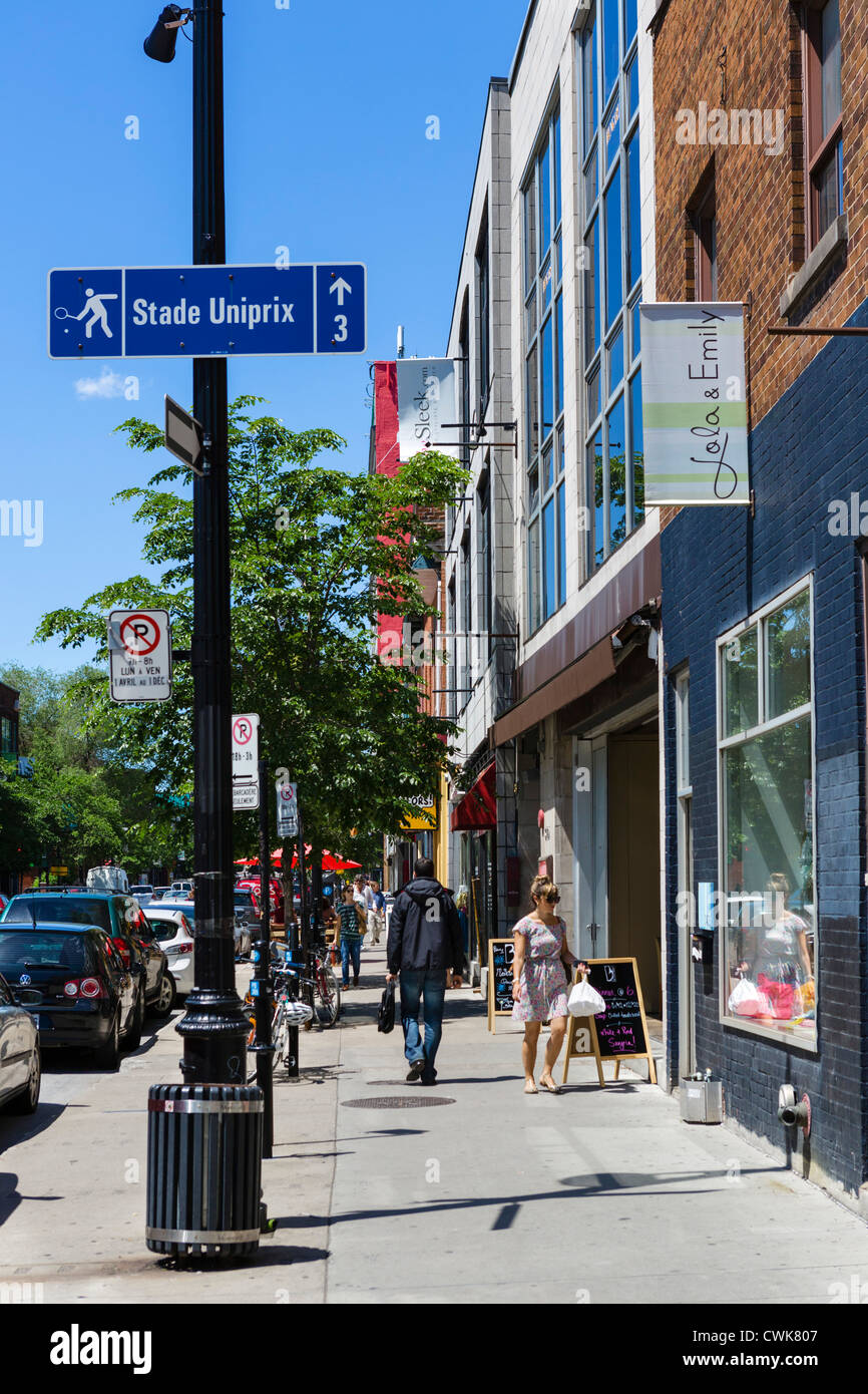 Geschäfte am Boulevard Saint-Laurent im Stadtteil Plateau Mont-Royal nördlich von Rue Sherbrooke, Montreal, Quebec, Kanada Stockfoto