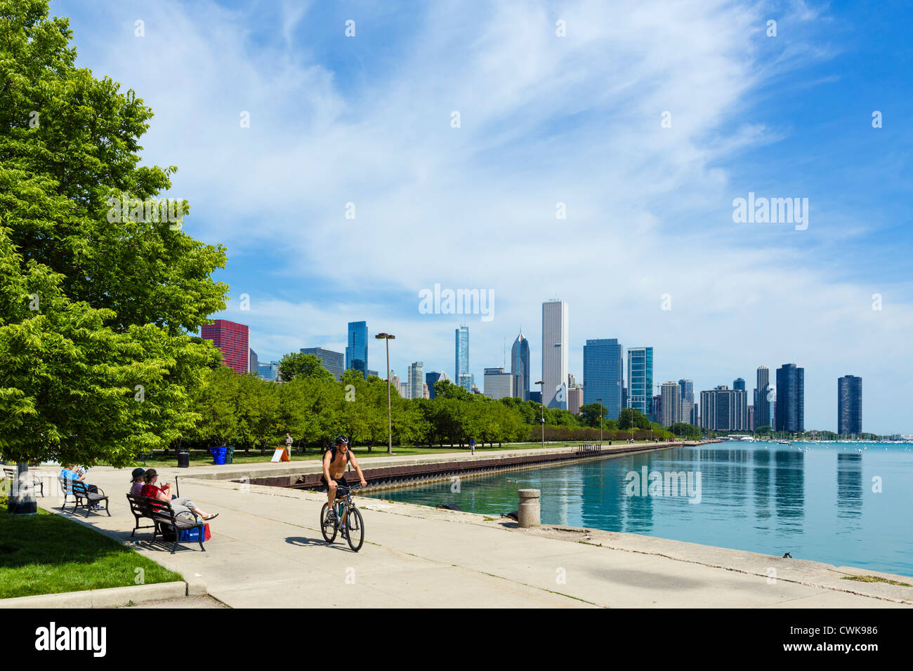 Die Skyline der Stadt vom Seeufer im Grant Park, Chicago, Illinois, USA Stockfoto