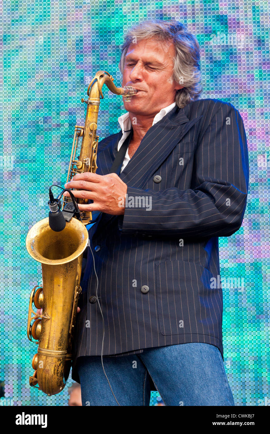 Terence Reiss der Gruppe The Straits (ehemals Dire Straits) erklingt in den Rücklauf Festival Henley on Thames 2012. PER0283 Stockfoto