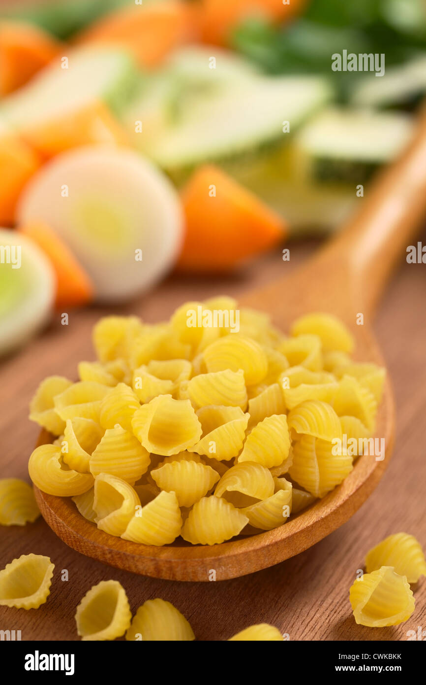 Rohe Schale Nudeln oder Conchiglioni auf Holzlöffel mit rohem Gemüse (Karotten, Lauch, Zucchini) in den Rücken Stockfoto