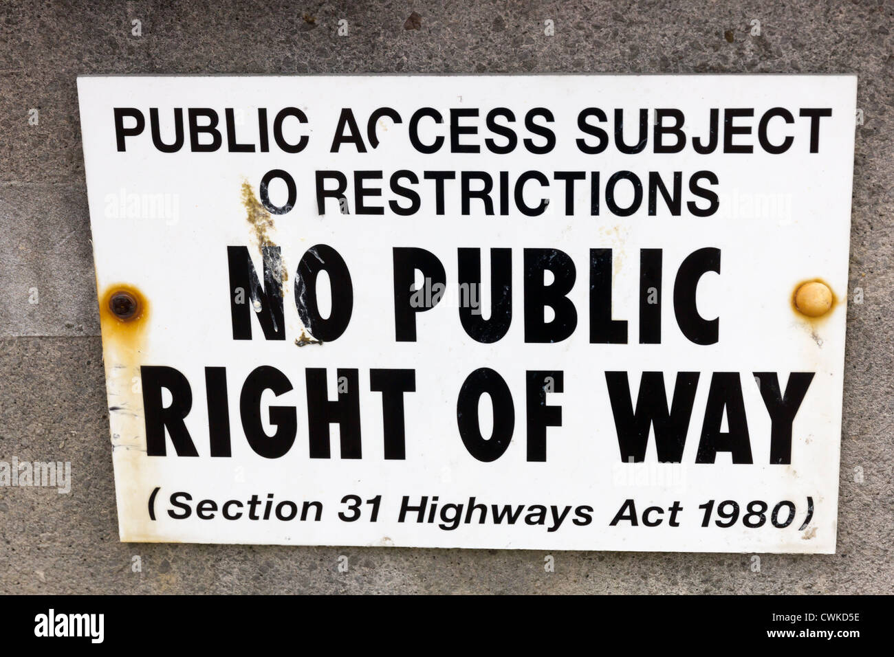 Keine öffentlichen Weg Zeichen (Abschnitt 31 Autobahnen Act 1980) Zeichen. Stockfoto