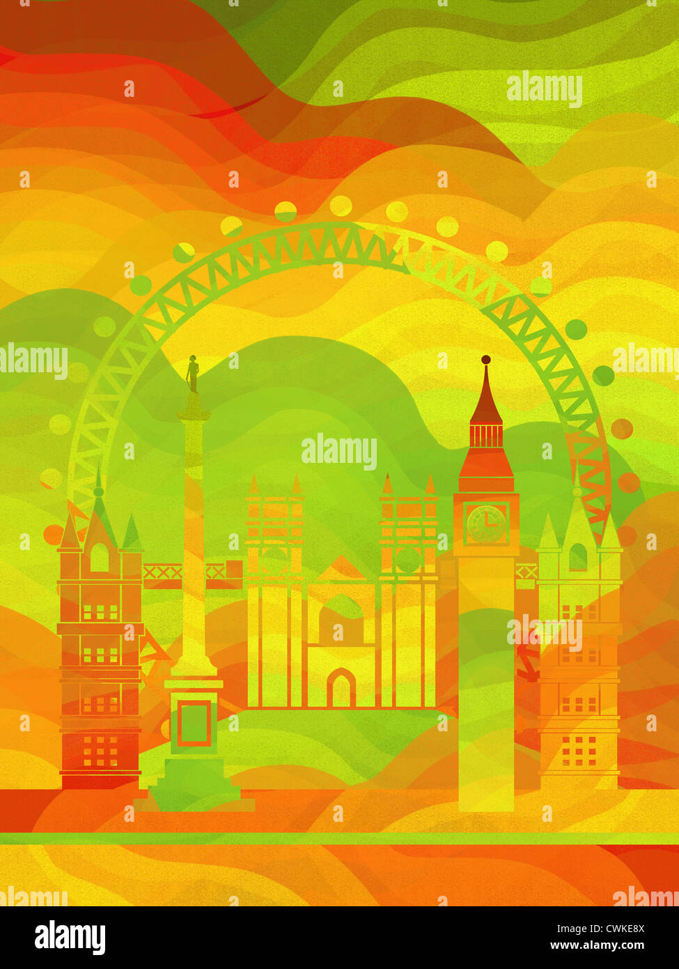 Illustration der stilisierten Multi farbige legendären Londoner Sehenswürdigkeiten. Stockfoto