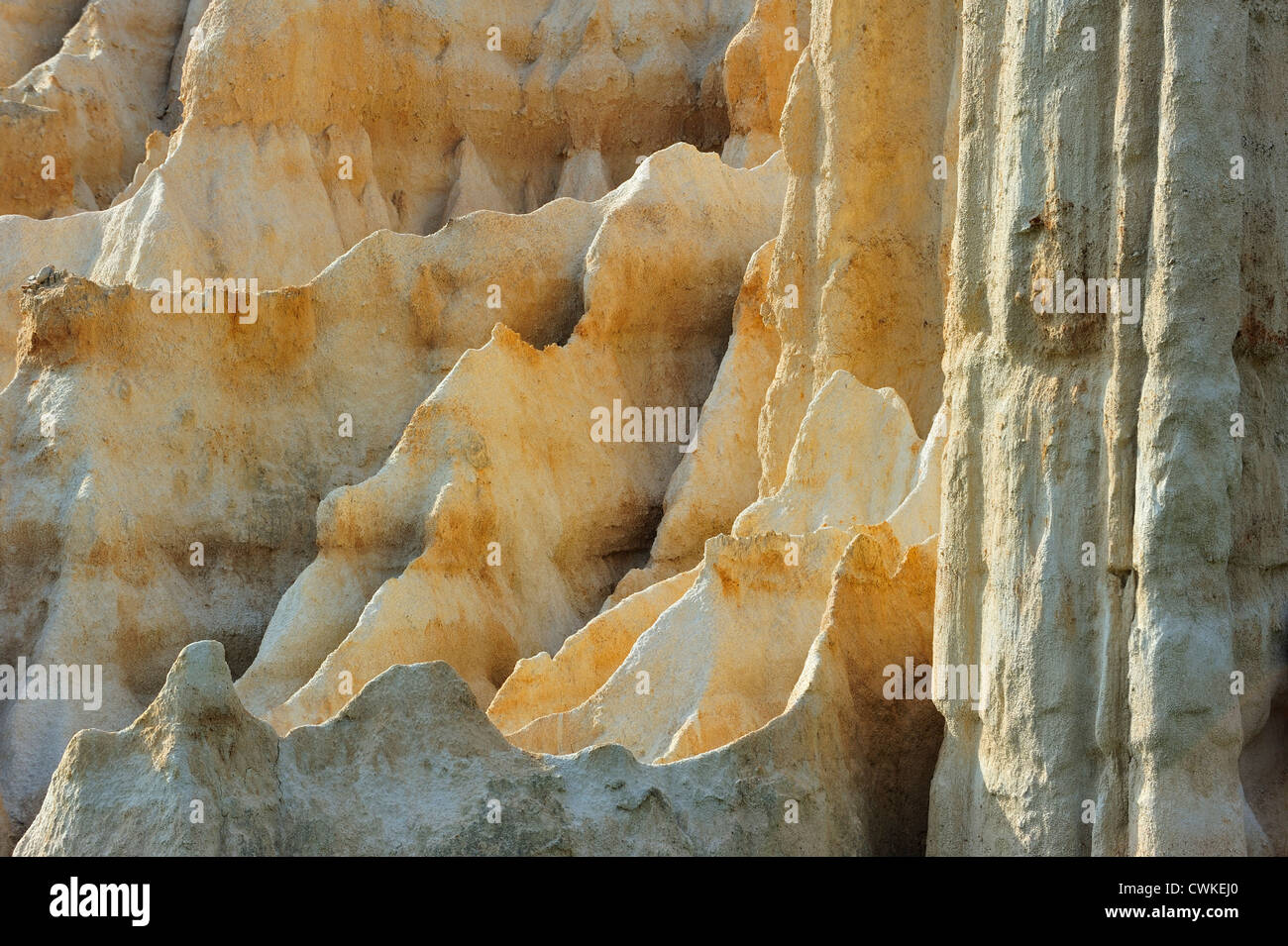 Seltsame Felsformationen geschaffen durch Wassererosion an Orgues d'Ille-Sur-Têt in Pyrénées-Orientales, Pyrenäen, Frankreich Stockfoto