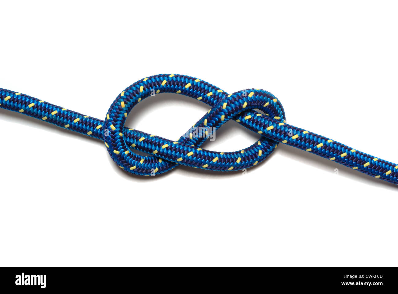 Abbildung 8 Knoten eines Seils blau-gelb auf weißem Hintergrund gemacht Stockfoto