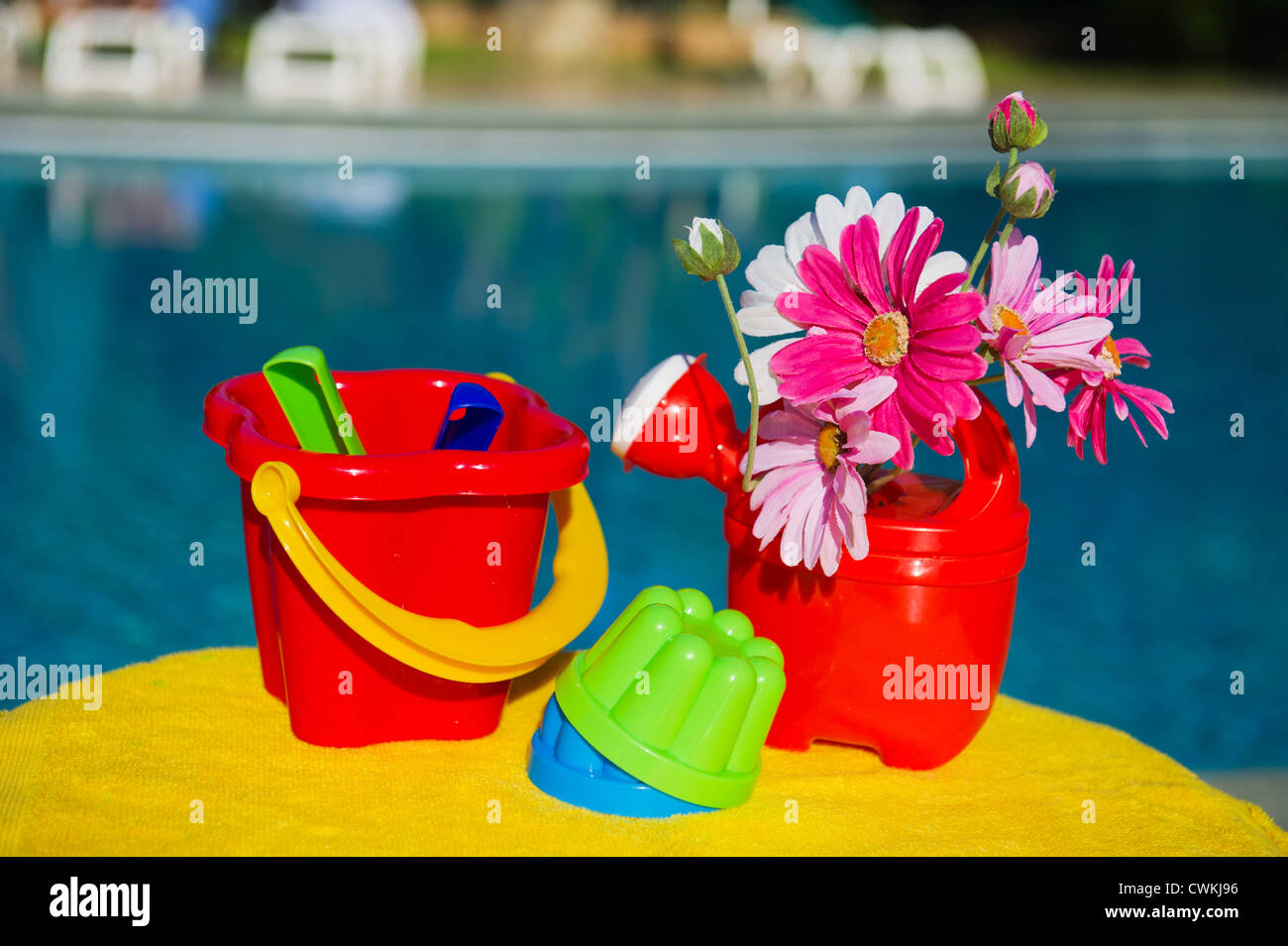 Kunststoff-Spielzeug und Blumen in der Nähe von Schwimmbad Stockfoto