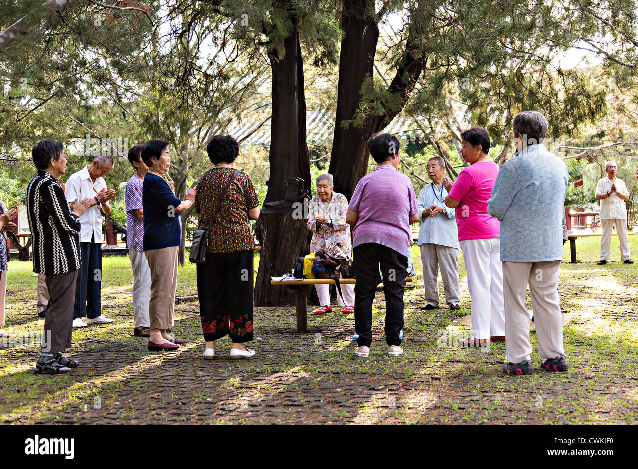 Ältere Chinesen halten ein Gebetstreffen am frühen Morgen in den Tempel des Himmels Park im Sommer in Peking, China Stockfoto