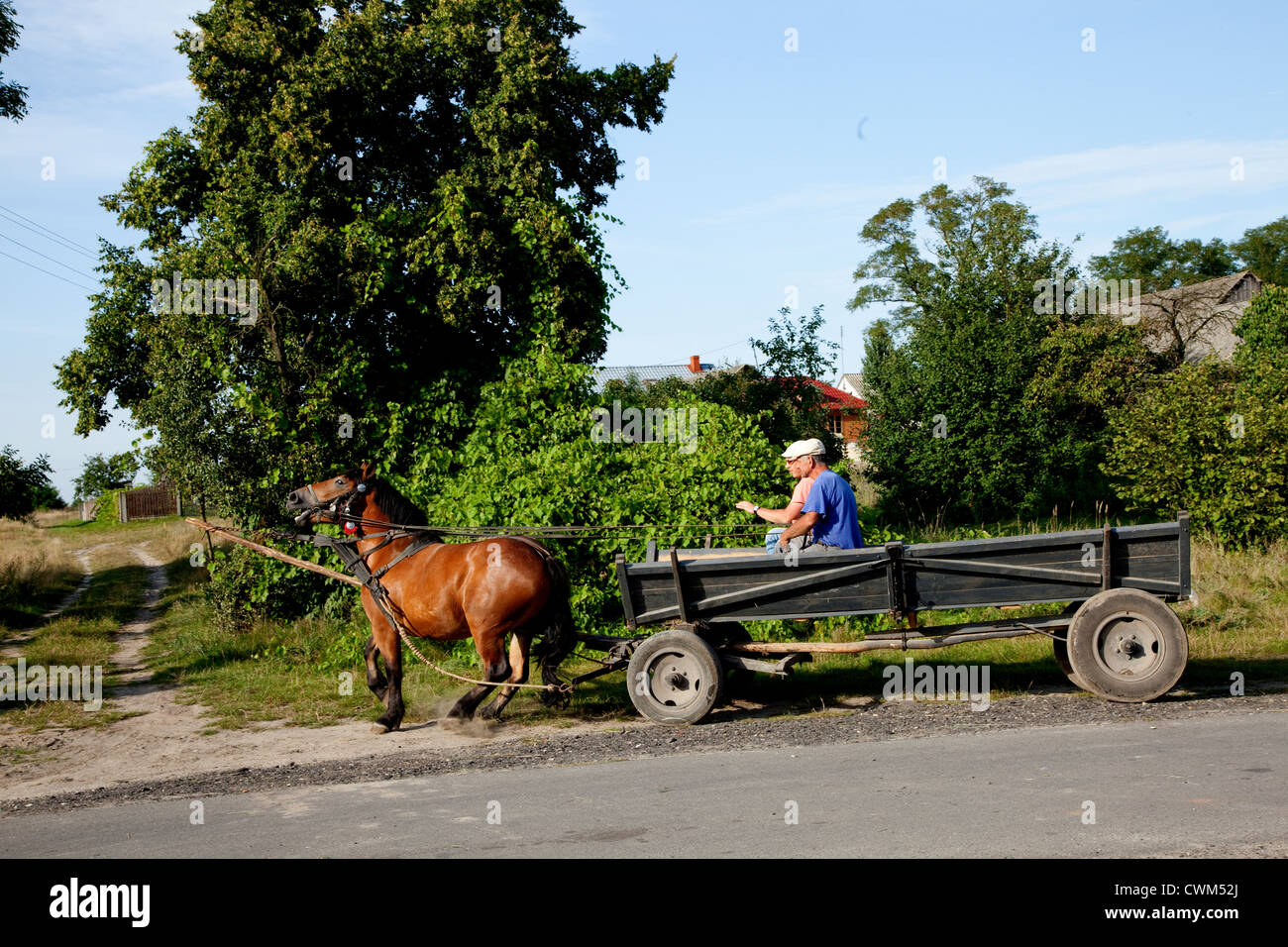 Pferd zieht zwei Herren in hölzernen Karren oder Wagen in den Supermarkt. Mala Wola Zentralpolen Stockfoto