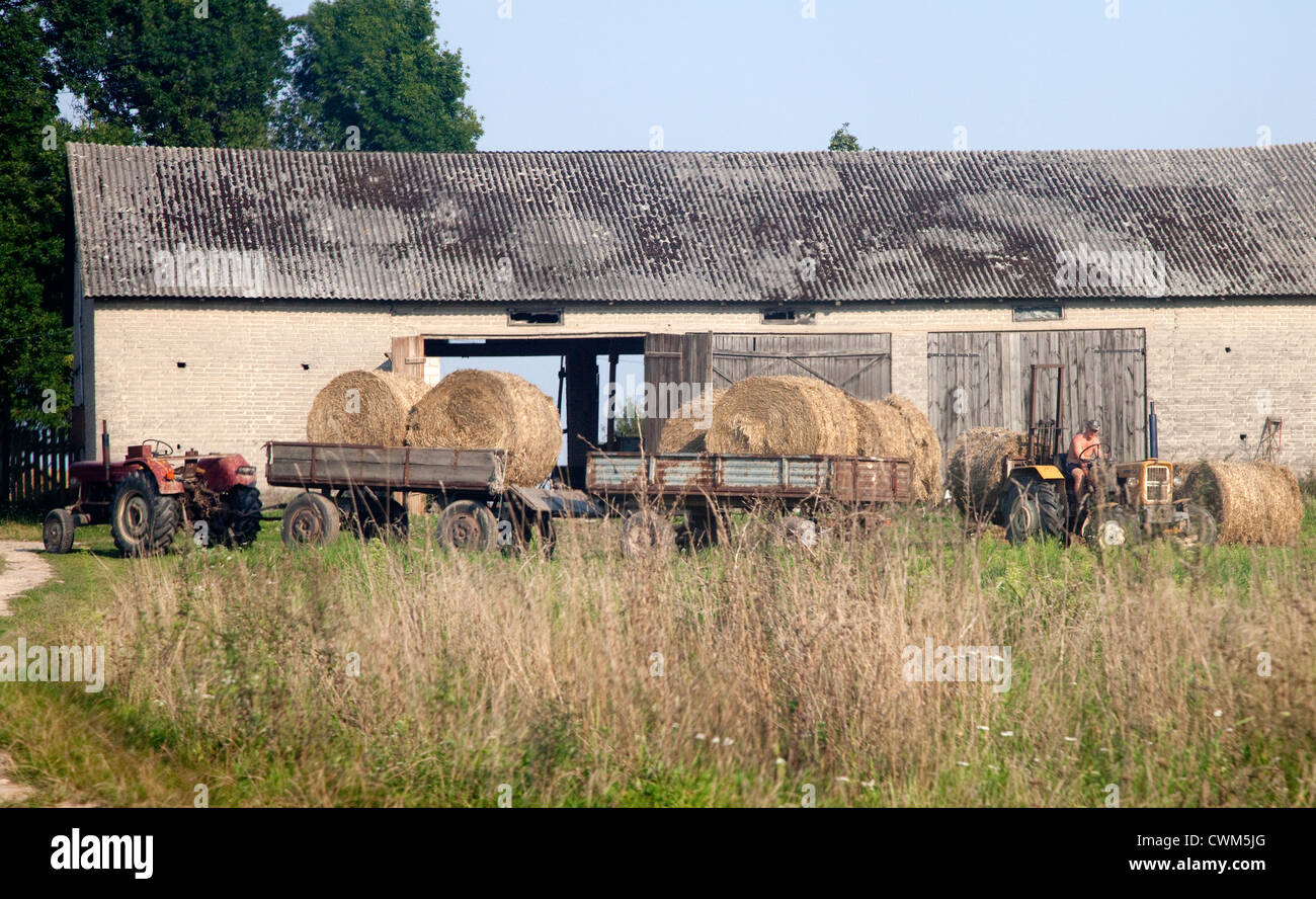 Landwirt, große Runde Heuballen mit seinem Traktor für die Lagerung in der Scheune Hof abholen. Zawady Zentralpolen Stockfoto