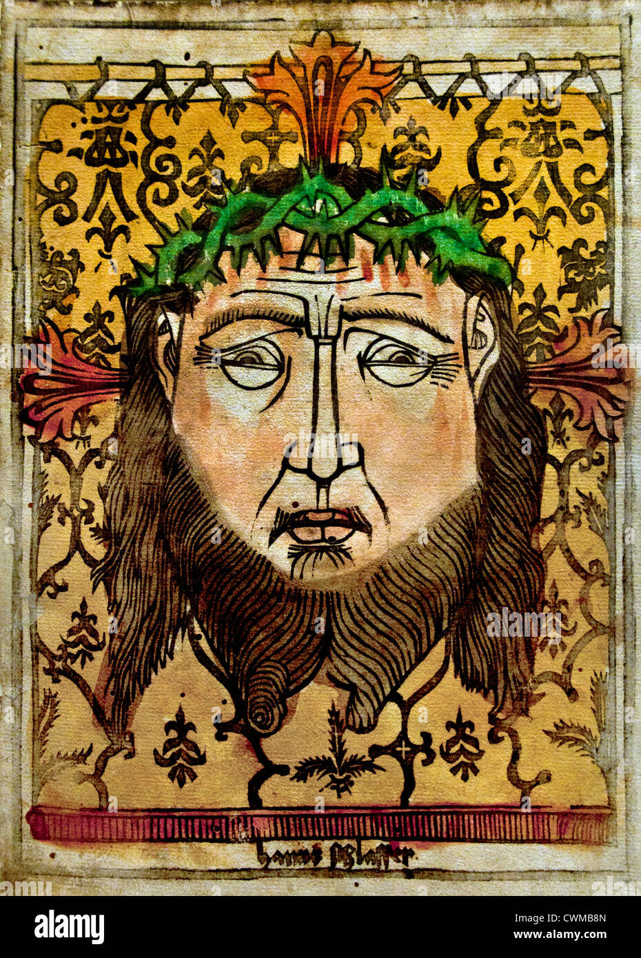 Das Sudarium (wahres Bild von Jesus Christus) Hans Schlaffer von Ulm Deutsch 1470 / 75 Holzschnitt handkolorierten. 28,1 x 20,6 cm Stockfoto