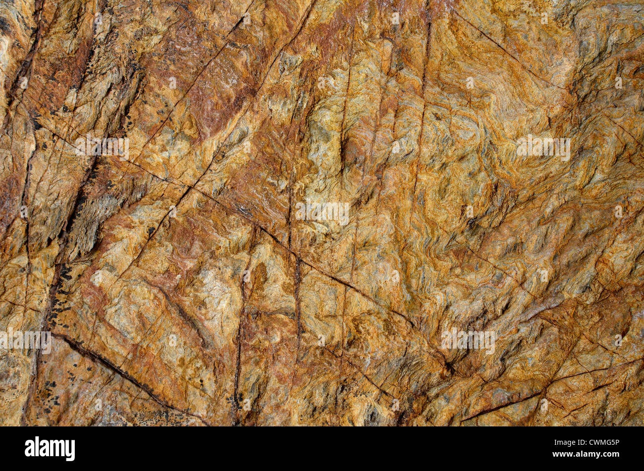 Cornwall - Hintergrundbild der Felsstruktur an der Küste in der Region zwischen Par Sands und Polkerris. Konzept "International Rock Day", Fehlergeologie. Stockfoto