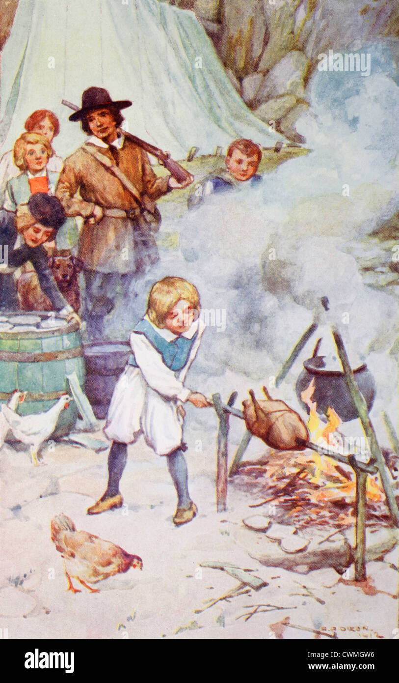 Die Schweizer Familie Robinson. Die open-air-Küche. Kochen ein Huhn über dem offenen Feuer während der Rest der Familie Franz blicken auf. Stockfoto