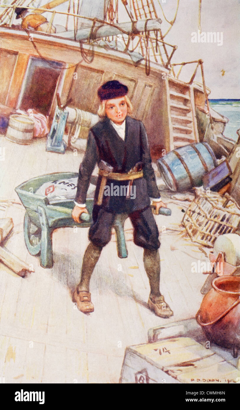Die Schweizer Familie Robinson. Einer der jungen verwendet eine Schubkarre an lebensnotwendigen Gütern aus dem sinkenden Schiff retten. Stockfoto