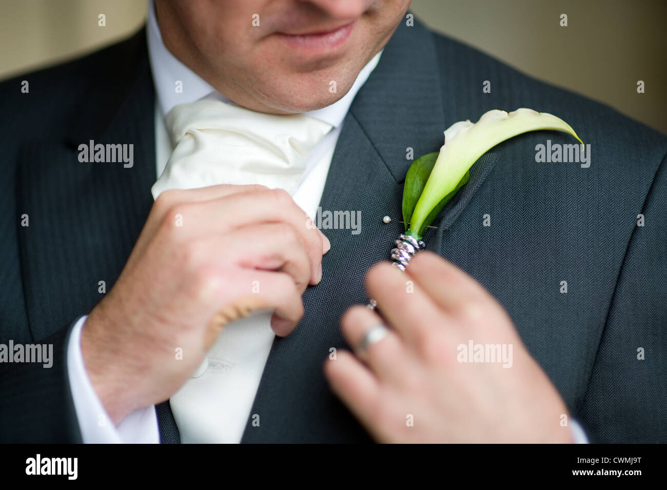 Ein Bräutigam passt seine Lilie Blume Knopfloch bei einer Hochzeit Stockfoto