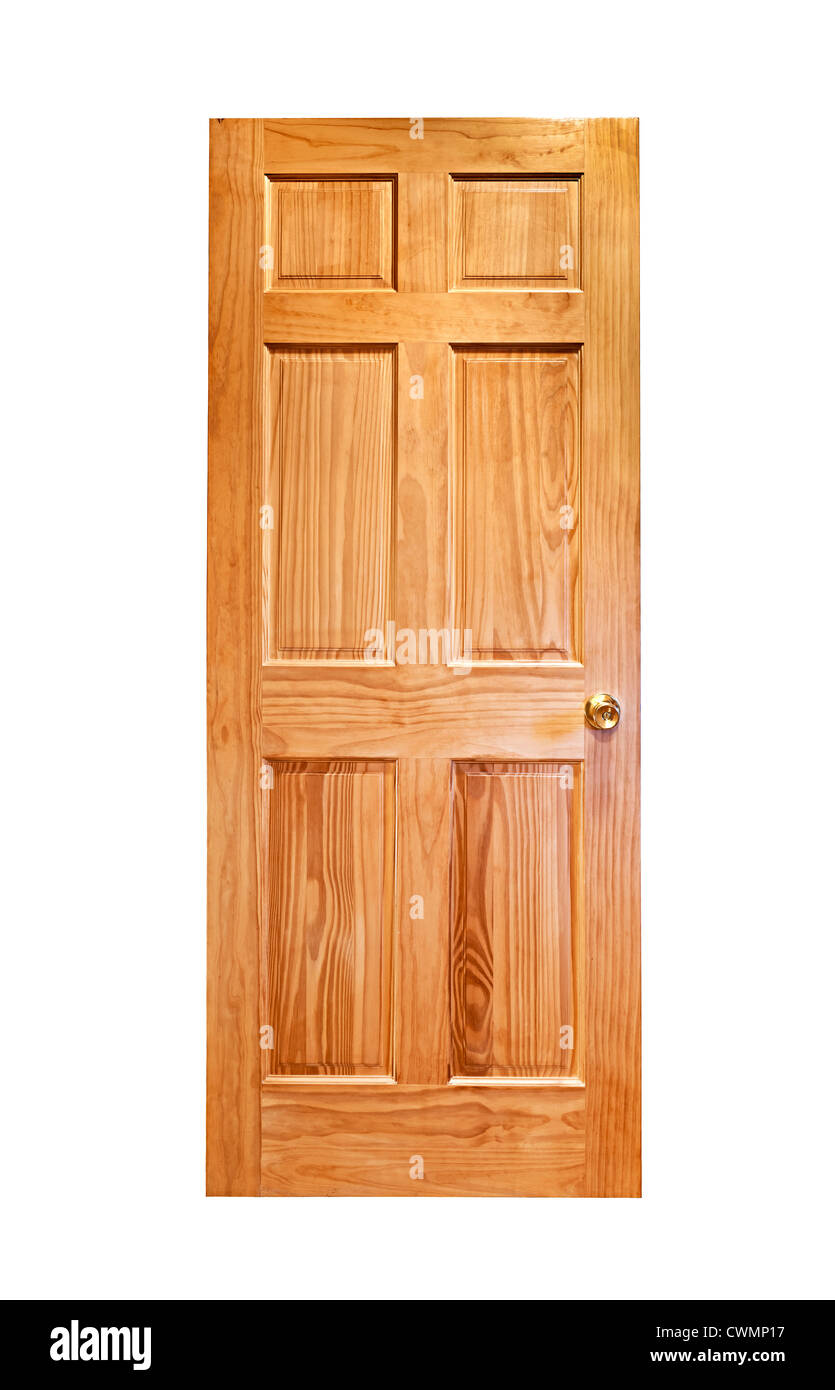 Isolierte Holztür Front mit Messing Griff auf weißem Hintergrund Stockfoto