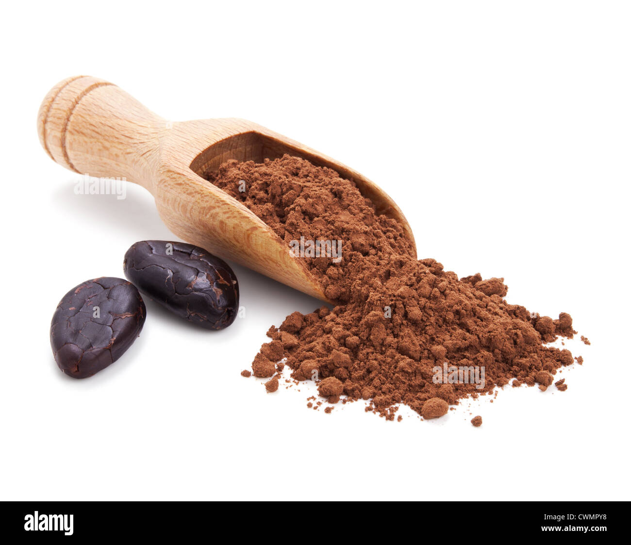 Kakaobohnen und Kakaopulver isoliert auf weißem Hintergrund Stockfoto