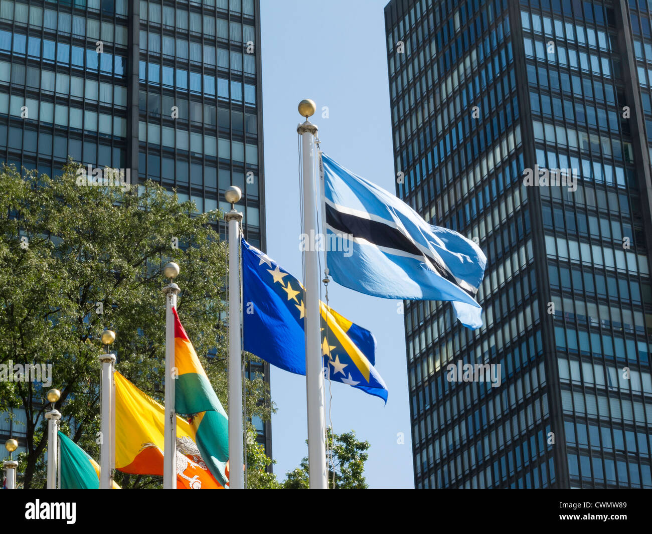 Botswana, & Bosnien-Herzegowina und Mitglied Nation Fahnen, Amtssitz der Vereinten Nationen, NYC Stockfoto