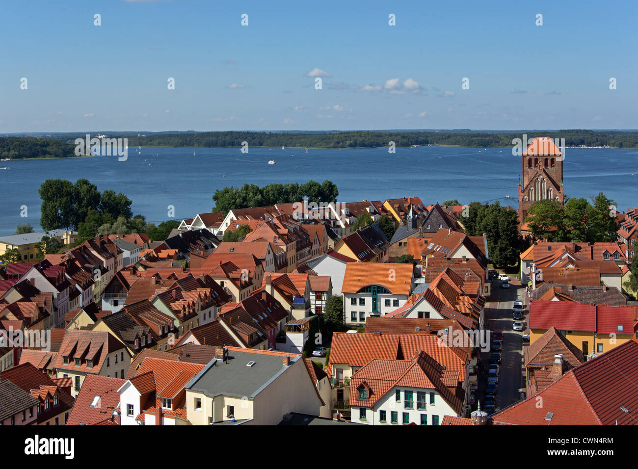 Blick vom Turm der Kirche von Maria, Waren, Mecklenburgische Seenplatte, Mecklenburg-West Pomerania, Deutschland Stockfoto