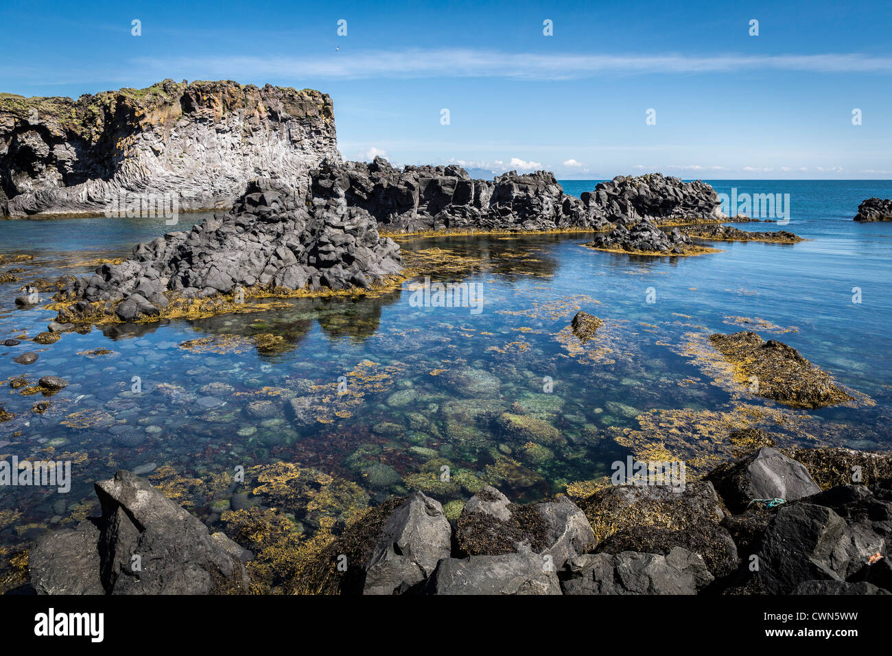 Basaltformationen und Vogelfelsen, Arnarstapi, Snaefellsnes Halbinsel, Island Stockfoto