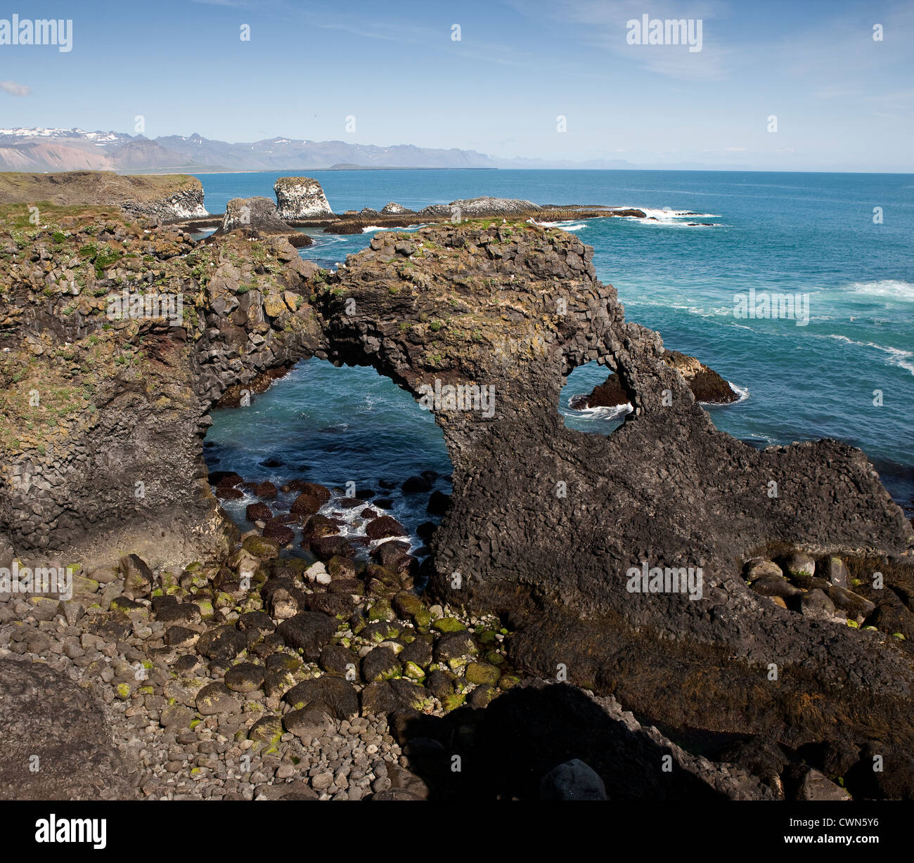 Basalt Felsformationen, Arnarstapi, Vogelfelsen Snaefellsnes Halbinsel, Island Stockfoto