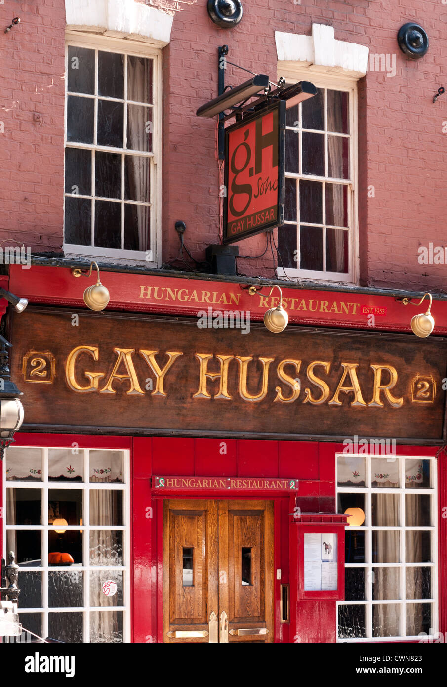 Die "Gay Husar 'ungarischen Restaurant, 2 griechische Street, Soho, London, England, Großbritannien Stockfoto