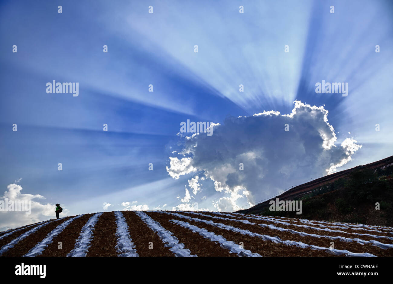 Eine einsame Person, steht auf dem Hügel, mit Strahlen der Sonne durch die Wolken Stockfoto