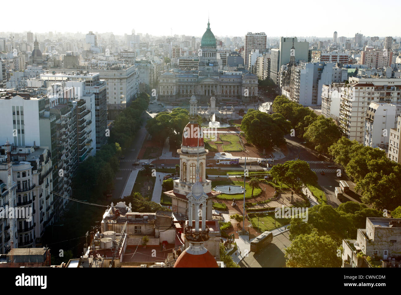 Blick über die Plaza Congreso von Edificio Barolo, Buenos Aires, Argentinien. Stockfoto