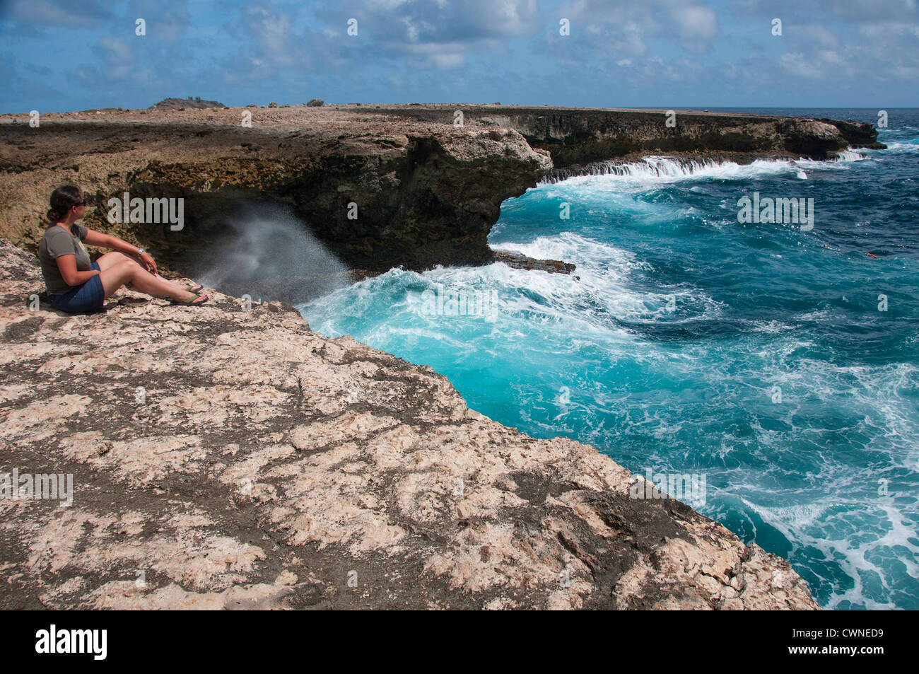 Das Blow Hole in Washington Slagbaai National Park, Bonaire, Niederländische Antillen Stockfoto
