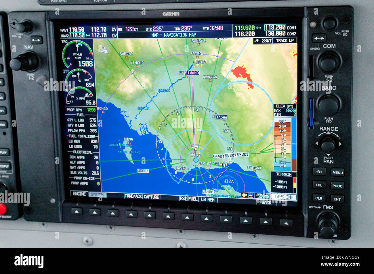 Nahaufnahme eines Garmin Flugzeuge Satellite Navigation Instruments in ein Leichtflugzeug Cessna Stockfoto