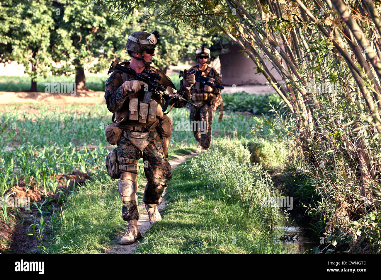 US-Marines patrouillieren am 11. Juli 2012 in Sangin, Provinz Helmand, Afghanistan. Stockfoto