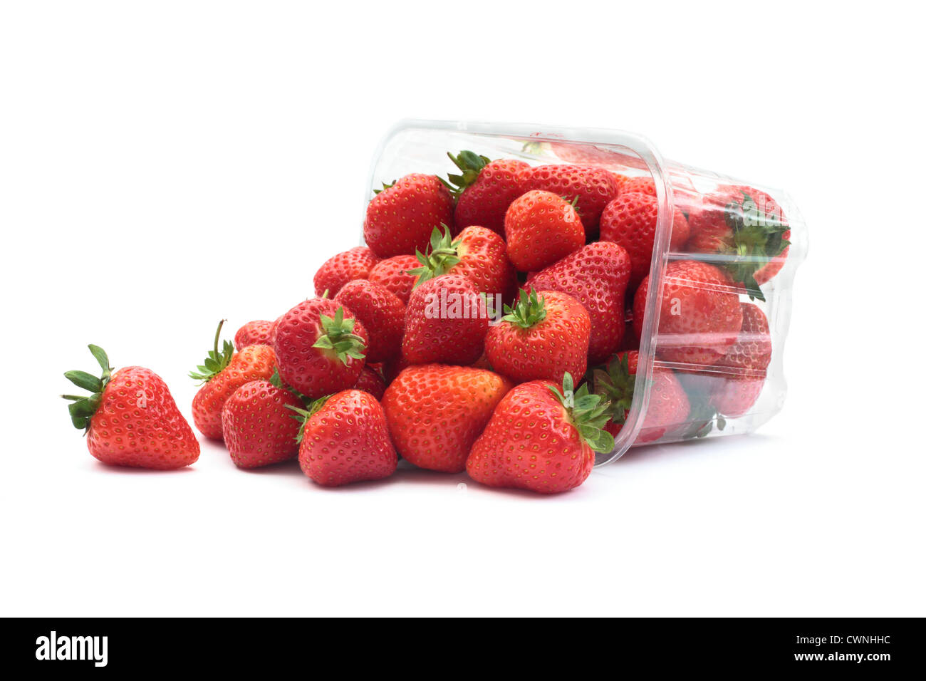 Erdbeeren in eine Kunststoff-Körbchen isoliert auf weißem Hintergrund Stockfoto