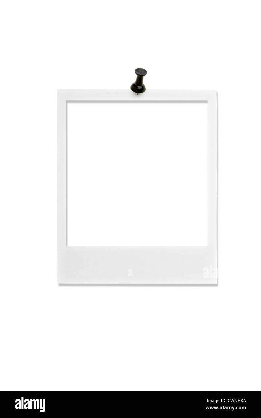 Polaroid-Rahmen mit Pin, auf 100 % weißen Hintergrund isoliert Stockfoto