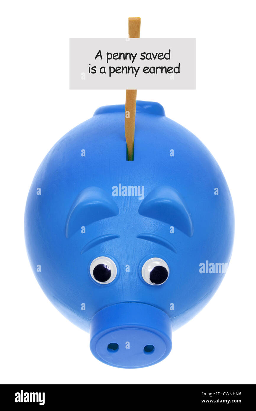 Sparschwein mit Schild Stockfoto