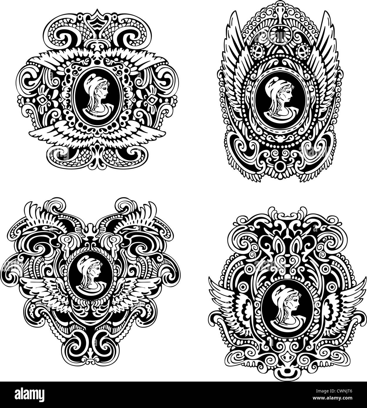 Der dekorative antike Gemmen mit Flügeln und Frau Porträt im Profil einstellen Schwarz / Weiß-Vektor-Illustrationen. Stockfoto