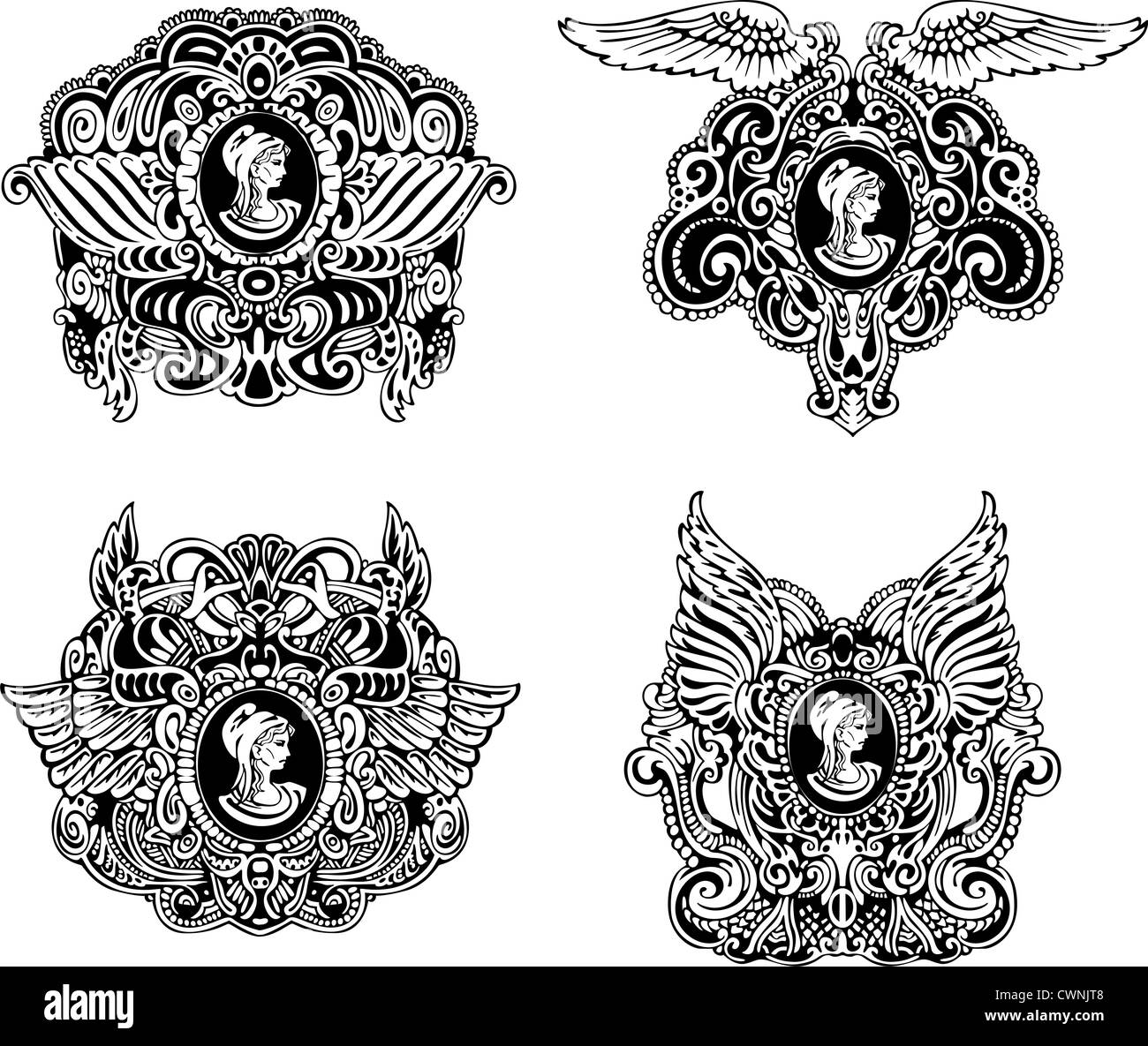 Der dekorative antike Gemmen mit Flügeln und Frau Porträt im Profil einstellen Schwarz / Weiß-Vektor-Illustrationen. Stockfoto