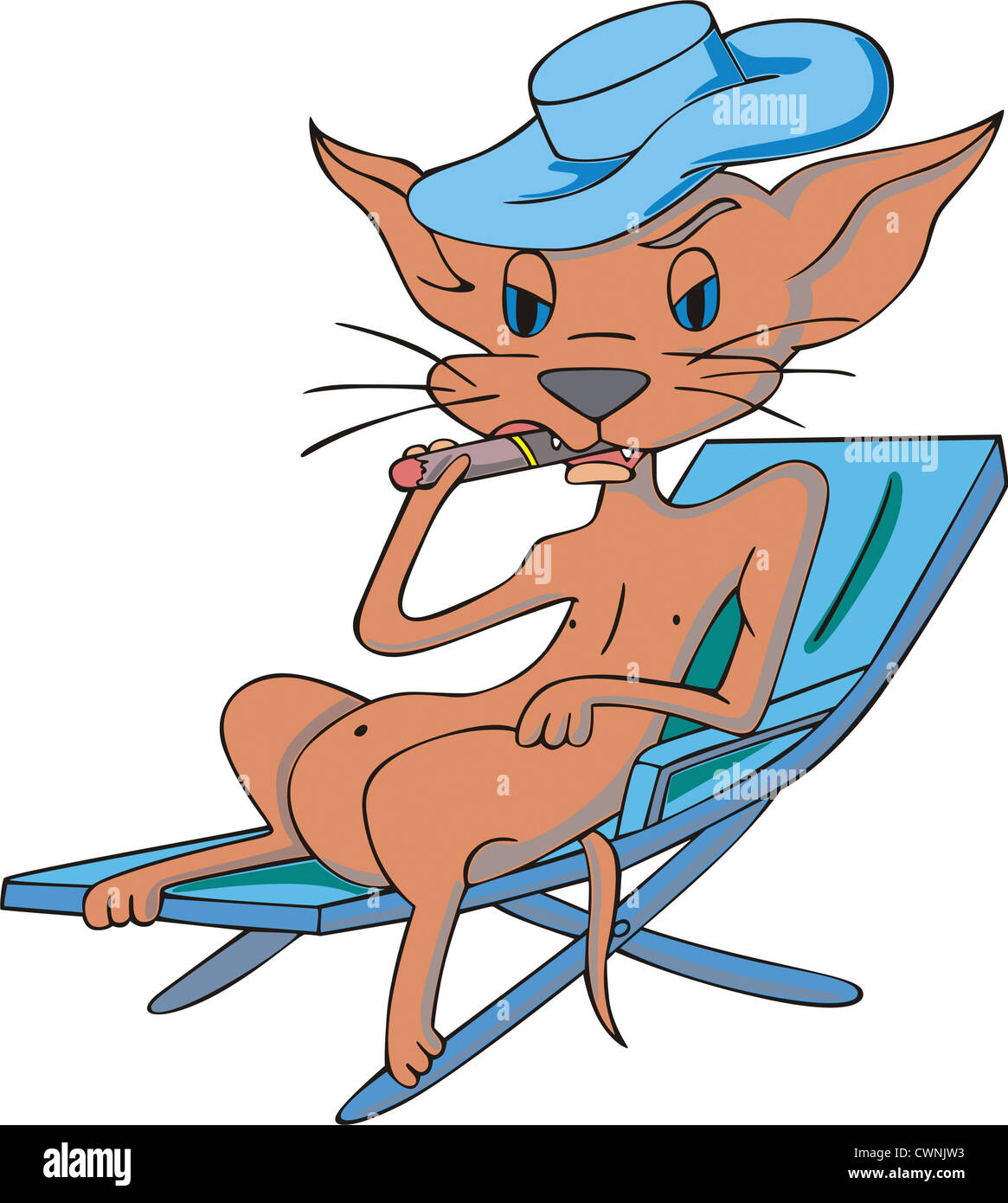 Eine Katze im Cartoon-Stil mit Hut, auf einem Strand Bett liegend und raucht eine Zigarre. EPS-Vektor-Illustration. Stockfoto