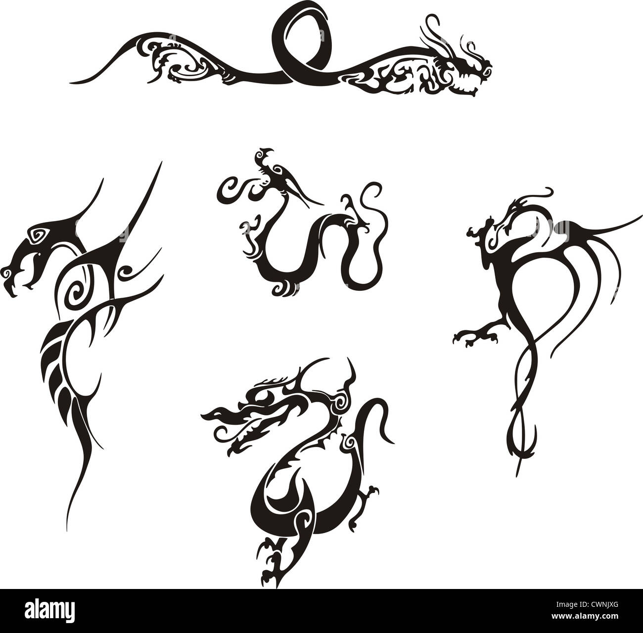 Funf Tolle Einfache Drachen Tattoo Designs Vinyl Ready Eps Illustrationen Schwarz Weiss Skizzen Stockfotografie Alamy