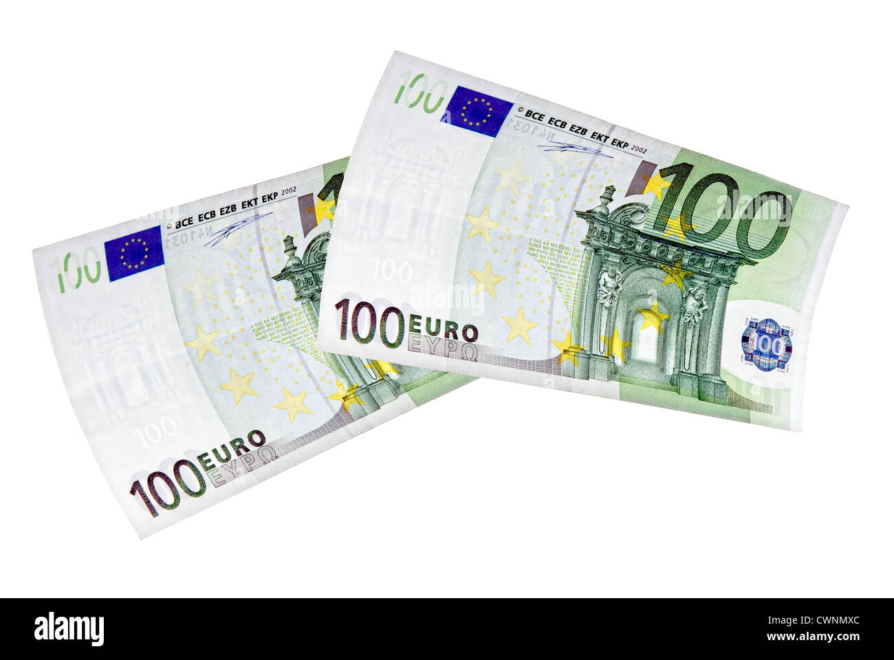 Zwei 100 Euro-Banknoten, 200 Euro auf 100 % weißen Hintergrund isoliert Stockfoto