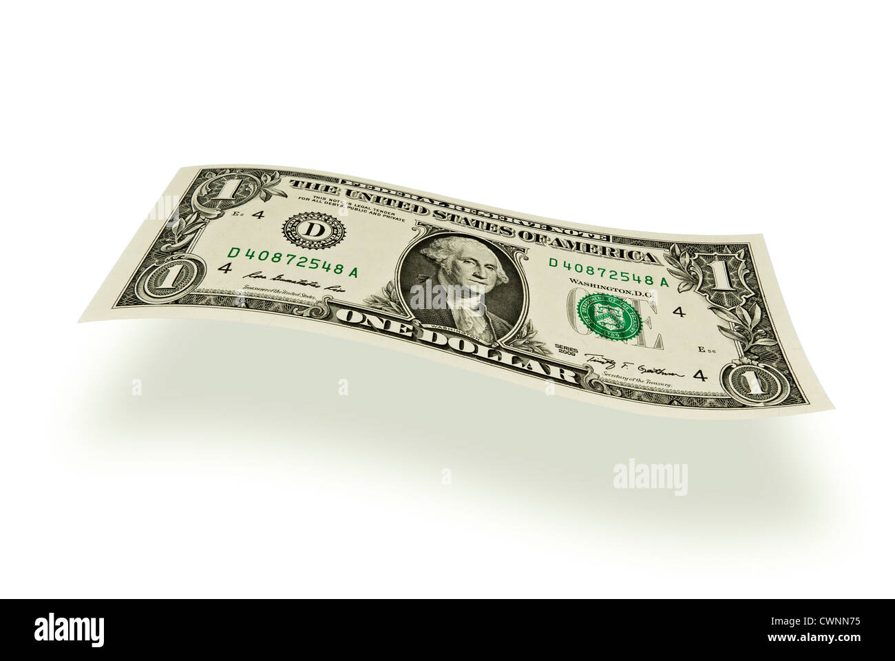 Ein-Dollarschein, schwimmende Dollar, 1 Dollar, Dollar-Schein, isoliert auf weißem Hintergrund Stockfoto