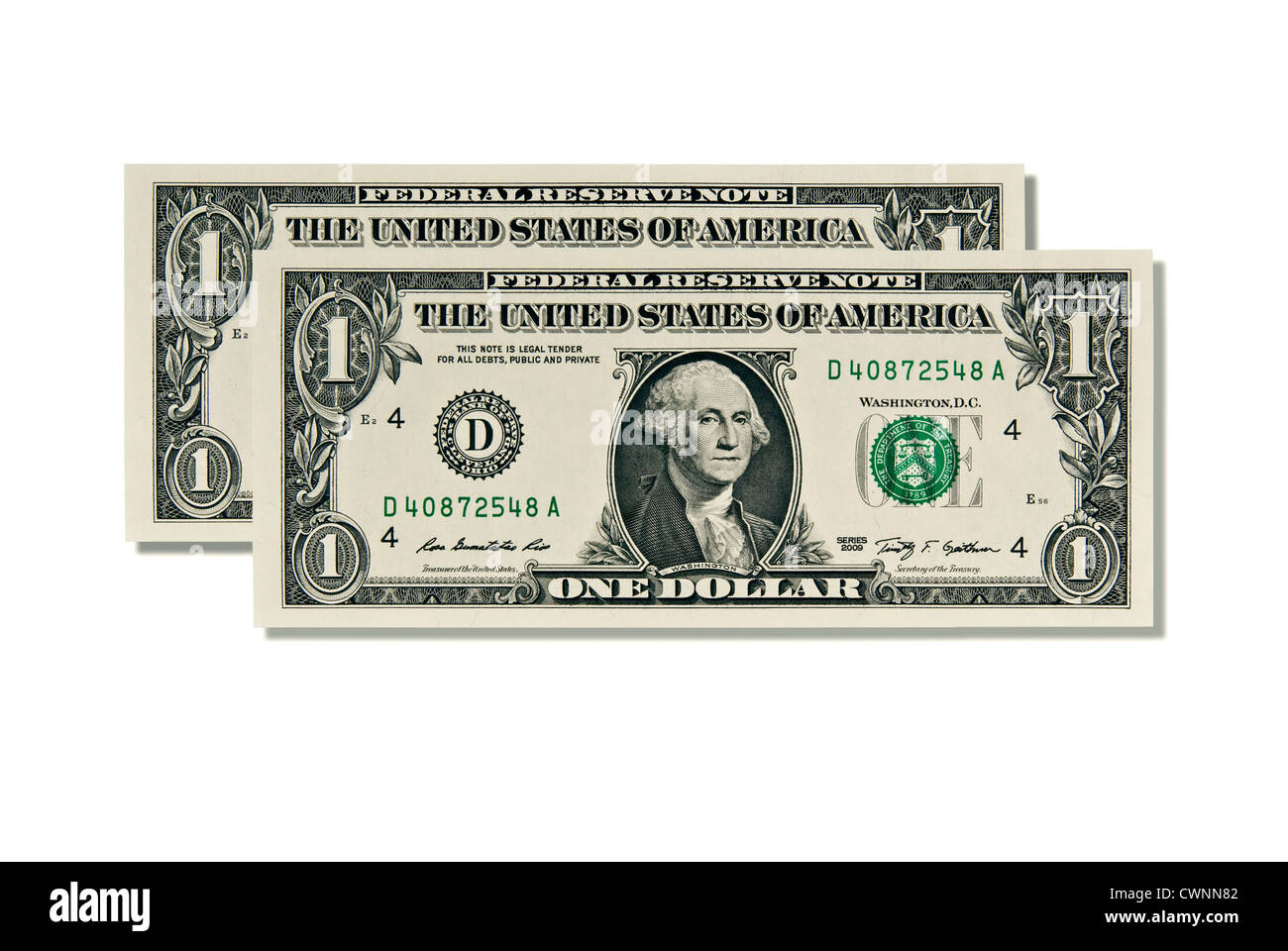 Zwei 1-Dollarnoten, zwei Dollar, 2 US-Dollar, Dollar-Scheine, auf 100 % weißen Hintergrund isoliert Stockfoto