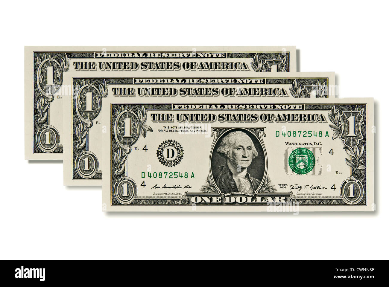 Drei 1-Dollarnoten, drei Dollar, 3 US-Dollar, Dollar-Scheine, auf 100 % weißen Hintergrund isoliert Stockfoto
