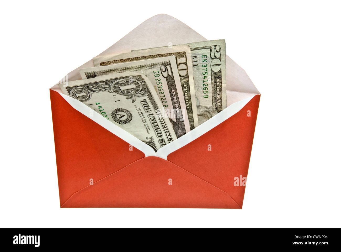 Umschlag mit US-Dollar-Scheine, auf 100 % weißen Hintergrund isoliert Stockfoto