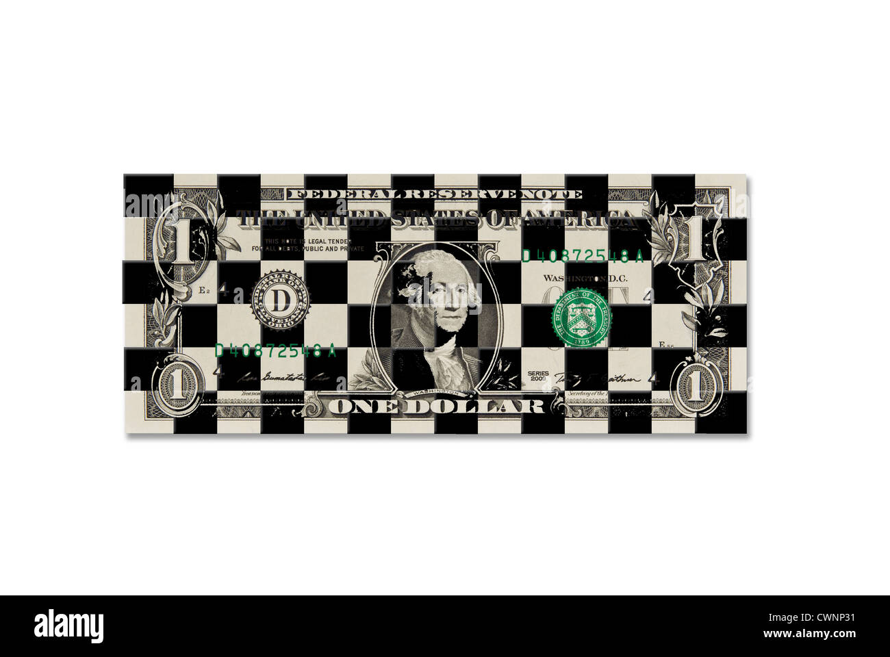 Ein-Dollar-Schein, 1 Dollar Banknote, mit Schach-Brett-Muster, komponieren, auf 100 % weißen Hintergrund isoliert Stockfoto