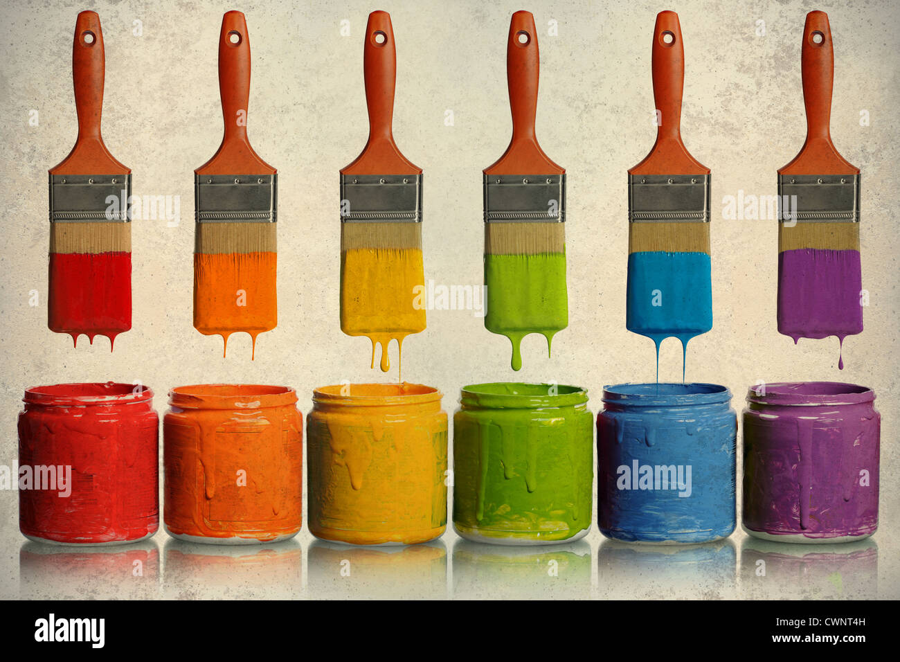 Grunge-Poster mit Pinsel tropft Farbe in verschiedenen Farben in Containern Stockfoto
