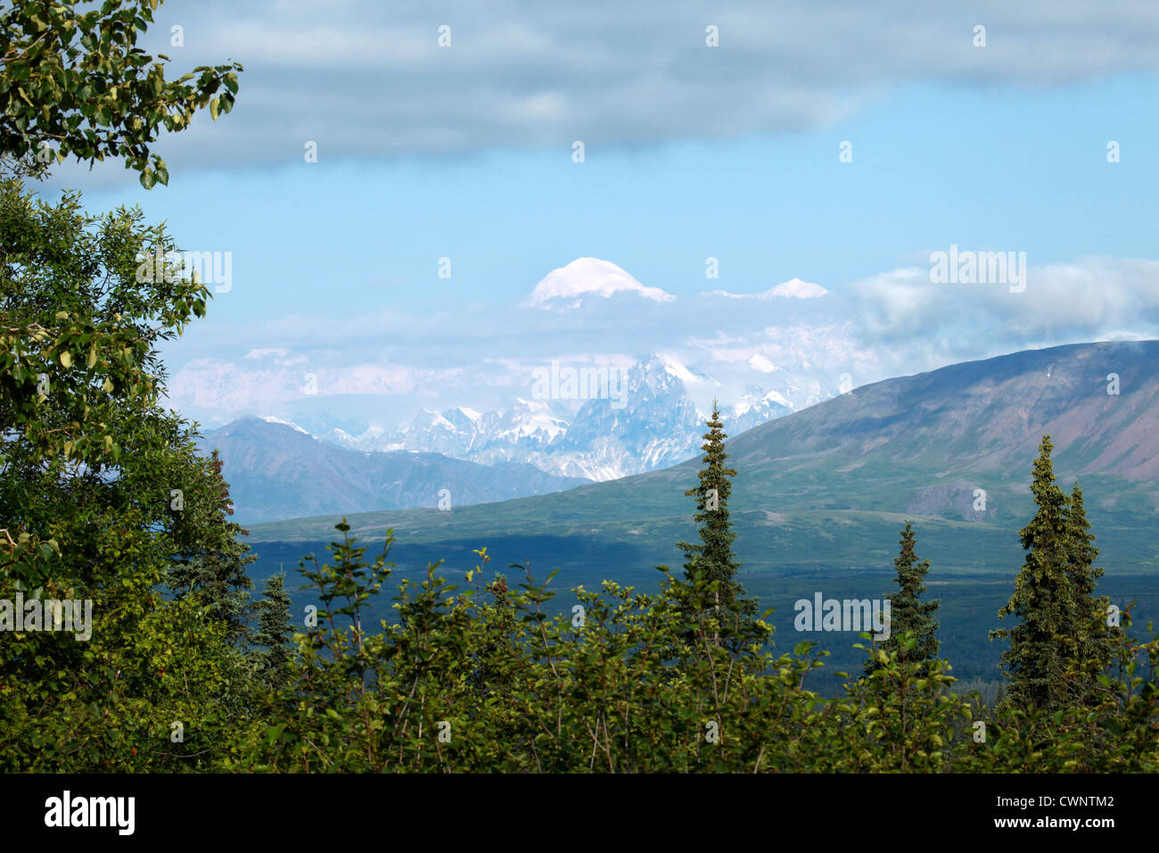 Atemberaubende Fotos von Mount McKinley in Alaska zeigt den höchsten schneebedeckten Gipfel erhebt sich über den Wolken an einem Sommertag. Stockfoto