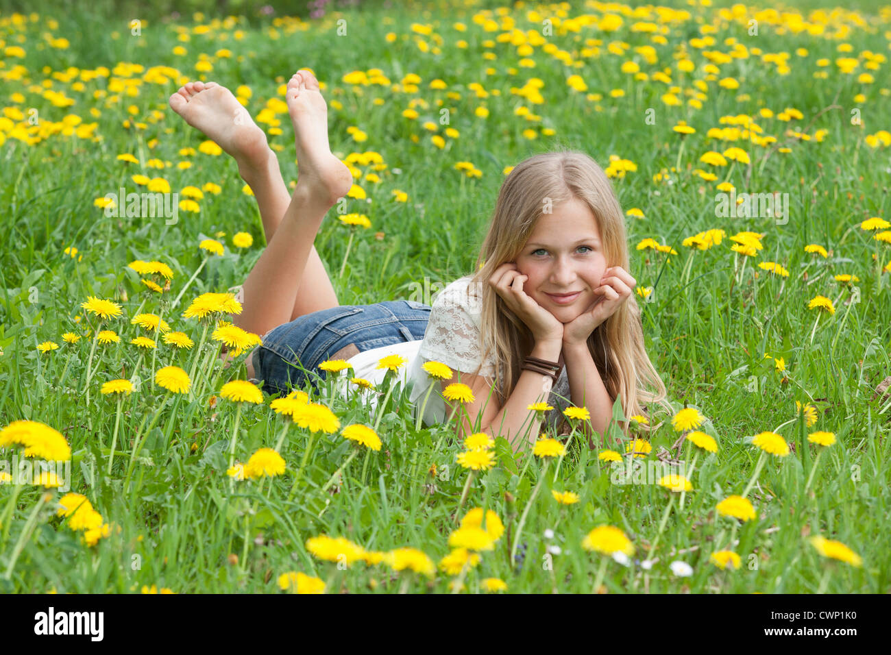 Österreich, Teenage Mädchen liegen im Bereich der Blumen, Porträt Stockfoto