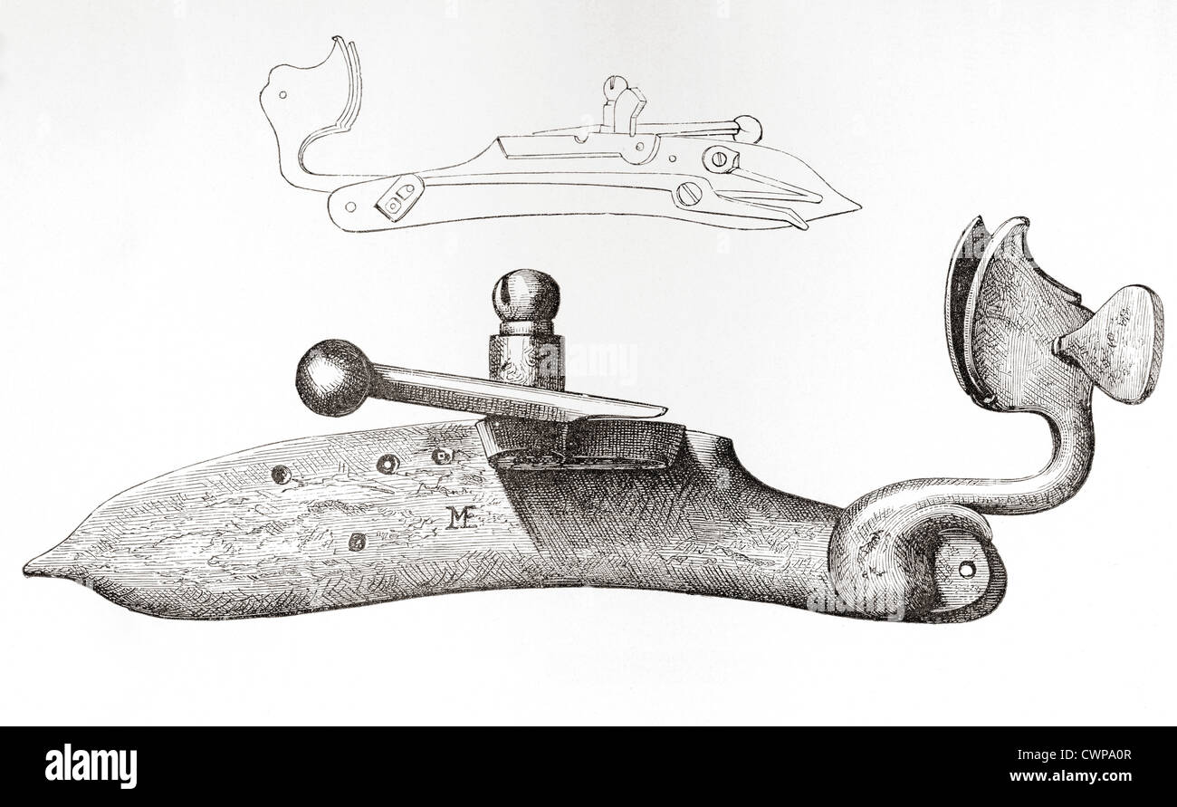 17. Jahrhundert Luntenschloss. Mechanismus oder Sperre verwendet für ein Handheld-Waffe abfeuern. Stockfoto